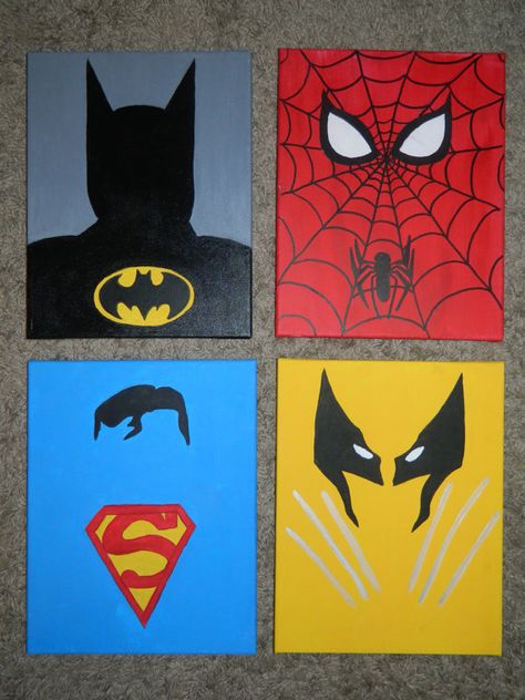 Superman Painting Easy, Batman Easy Painting, Batman Painting Easy, Batman Canvas Painting, Paintings For Men, Drawing Ideas Spiderman, Spider Man Painting, Spiderman And Batman, Painting Mini Canvas