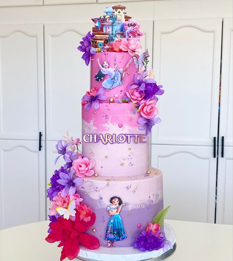 Tall 3 tier cake in shades of pink and purple with Mirabel and Isabela from Encanto covered in fake flowers and sprinkles with the casita on top Encanto Cake Simple, Isabela Encanto Cake, Isabella Encanto Cake, Encanto Treats, Cake Pink And Purple, 3 Tier Birthday Cake, Tier Birthday Cake, Encanto Cake, Encanto Birthday