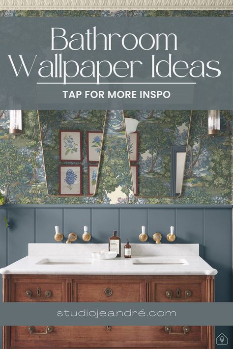 Discover creative wallpaper in the bathroom with our comprehensive guide. Explore bathroom wallpaper ideas, including wallpaper for guest bathrooms, small bathroom wallpaper ideas, and stunning accent walls. Learn how to combine tile and wallpaper in the bathroom and stay updated on the latest bathroom wallpaper trends and designs to elevate your bathroom decor and interior. Wallpaper Around Bathtub, Bathroom Decor Ideas Wallpaper, Bathroom With Accent Wallpaper, Guest Bathroom With Wallpaper, Tile And Wallpaper Bathroom, Patterned Tile Floor, Small Bathroom Wallpaper Ideas, Bathroom Wallpaper Trends, Tile And Wallpaper