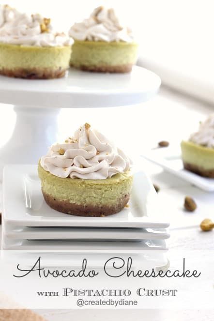 Avocado Cheesecake with Pistachio Crust @createdbydiane Avocado Cheesecake, Crumb Crust, Best Cheesecake, Buttercream Frosting Recipe, Frosting Recipe, Mini Cheesecakes, Keto Meals, Avocado Recipes, Buttercream Frosting