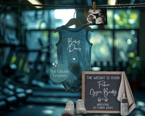 Gym Pregnancy Announcement, Fitness Baby Reveal, Digital Gender Neutral Exercise Baby, Lifting For Two, Social Media Reveal, Edit Template Gym Pregnancy Announcement, Pregnancy Pics, Gym Buddy, Buddy Workouts, Sports Baby, Edit Template, Baby Announcements, Baby Gym, Baby Reveal