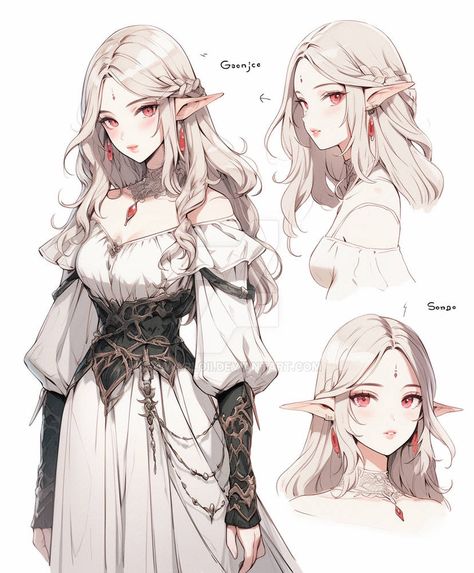 Elf Outfit Ideas Drawing, Elf Animes, Elf Oc Female, Elf Clothes Fantasy Outfit Drawing, Elf Drawings Female, Elf Oc Girl, Elf Oc Character Design, Elf Oc Art, Female Character Design Anime