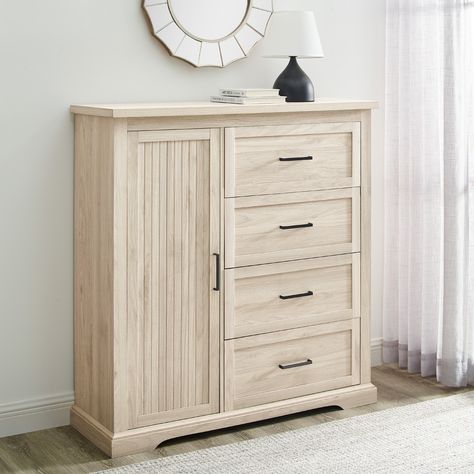 Bedroom storage has met it's match with this four-drawer wardrobe armoire. Constructed of warp-resistant MDF and durable laminate, this unique and stylish piece features four drawers and concealed adjustable shelving. Wardrobe Dresser, Door Chest, Wardrobe Armoire, Online Furniture Shopping, Bedroom Furniture Dresser, Coastal Farmhouse, Shelf Styling, Closet Design, Adjustable Shelves