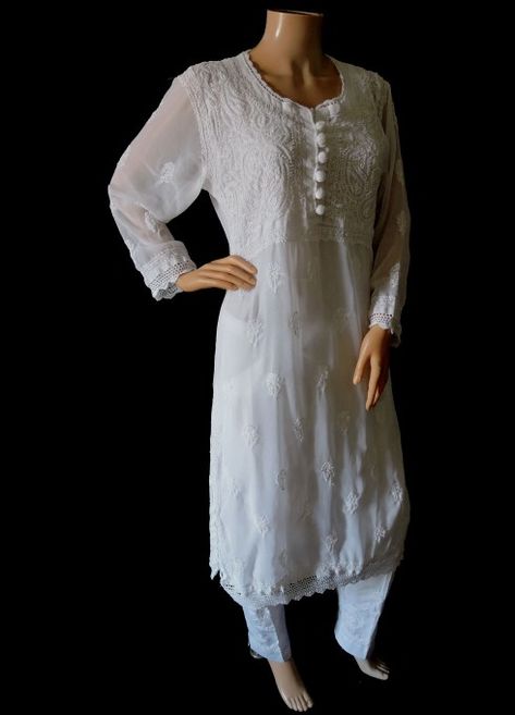 ISHIEQA's White Georgette Chikankari Kurta- MV0305D Chikankari Tops, Suit With Jeans, Kurti With Jeans, White Anarkali, A Line Kurti, Kurti Style, Trendy Outfits Indian, Cotton Anarkali, Lucknowi Chikankari