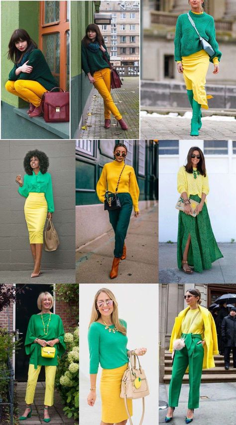 What Color Goes With Green Clothes, Yellow Green Outfit Ideas, Yellow Color Combinations Outfits, Mustard Yellow Color Combinations, Cute Outfits Green, Green Combination Outfit, Yellow And Green Outfit, Green And Yellow Outfit, Mustard Colour Combination