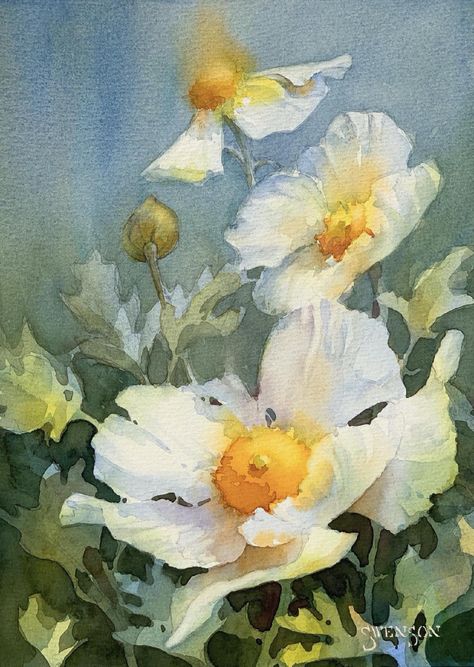 Brenda Swenson, Matilija Poppy, Watercolor Negative Painting, Poppies Watercolor, Abstract Figure Art, Loose Watercolor Flowers, Plein Air Watercolor, Abstract Poppies, Watercolor Art Landscape