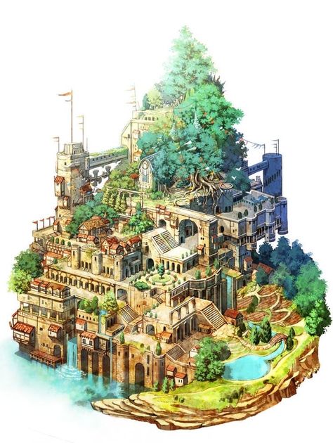 Fantasy Town, Isometric Art, Fantasy City, Fantasy Castle, Fantasy Setting, Fantasy Places, Fantasy Art Landscapes, Fantasy Concept Art, Environment Design