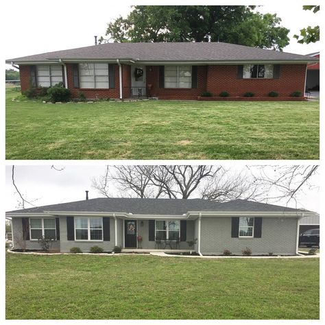 Before and after Ranch Style House renovation. Painted Brick in Sherwin Williams Ellie Gray. Farm Shutters in Sherwin Williams Tricorn Black. Trim ins Extra white. Exterior Ranch Remodel, Painted Brick Ranch, Brick Ranch Houses, Painted Brick Exteriors, Ranch House Remodel, Exterior House Colors Ranch Style, Architecture Renovation, Ranch House Exterior, Painted Brick House