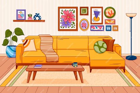 Premium Vector | Hand drawn living room illustration Living Room Drawing Illustration, Couch Illustration, Couch Drawing, Living Room Cartoon, Living Room Illustration, Room Illustration, Cosy Living Room, Vector Hand, Lounge Room