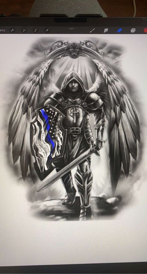 Good And Evil Tattoo For Men Half Sleeves, Saint Micheal Tattoo Design, Warrior Angel Tattoo Men, Guardian Angel Warrior Tattoo, St Michael Tattoo Design, Guardian Angel Tattoo For Men, Police Tattoo Ideas, Guardian Tattoo, Back Tattoos For Guys Upper