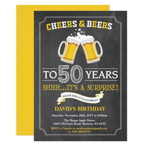 Cheers and Beers 50th Birthday Invitation Card Cheers And Beers To 40 Years, Surprise 30th Birthday, Chalkboard Birthday, 70th Birthday Invitations, 80th Birthday Invitations, Birthday Invitation Card, 16th Birthday Invitations, 21st Birthday Invitations, 60th Birthday Invitations