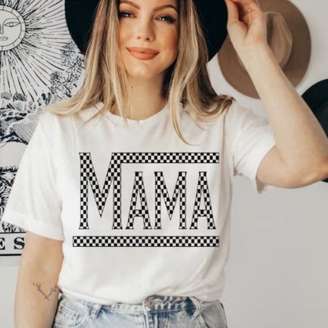 Checkered Mama White Short Sleeve Shirt - NEW - Handmade Twin Shirts, Madewell Shirts, White Short Sleeve Shirt, Mama T Shirt, Mothers Day T Shirts, Best Mom Ever, Checkered Shirt, Mothers Day Shirts, White Short