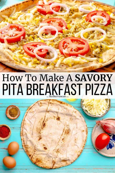 Breakfast pizza with egg, tomato, mozzarella,  shallot, and za'atar on a crispy pita bread is quick and easy with this breakfast pizza recipe. Pita Breakfast, Pizza With Egg, Pita Bread Pizza, Breakfast Pita, Heart Healthy Breakfast, Vegetarian Pizza Recipe, Egg Tomato, Whole Wheat Pita Bread, Mediterranean Recipes Healthy