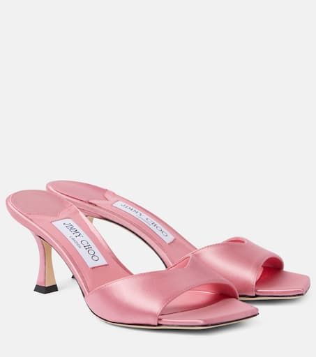 Skye 70 satin mules in pink - Jimmy Choo | Mytheresa Pink Designer Heels, Pink Manolo Blahnik Shoes, Burmese Outfit, Footwear Photography, Pink Bridal Shoes, Jimmy Choo Sandals, Jimmy Choo Heels, Mid Heel Sandals, Fancy Shoes