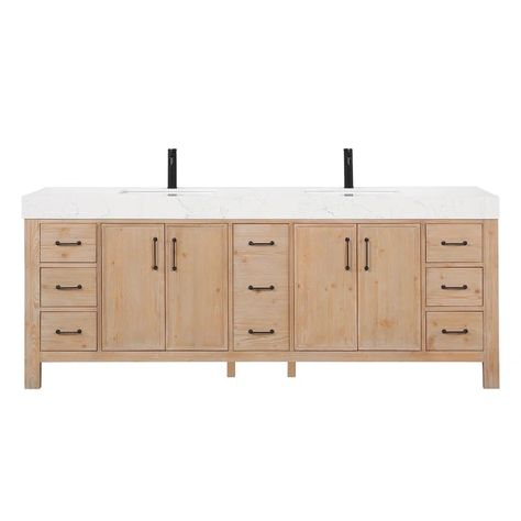 Lark Manor Aranwen 84'' Free Standing Double Bathroom Vanity with Cultured Marble Top & Reviews | Wayfair Wood Double Vanity, Ceramic Undermount Sink, Drawer Inserts, Matte Black Hardware, Double Sink Bathroom, Double Sink Bathroom Vanity, Double Bathroom, Transitional Bathroom Vanities, Wooden Drawers