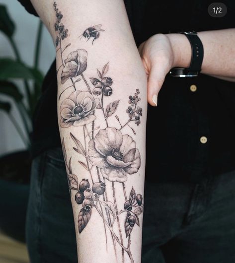 Flora And Fauna Tattoo Sleeve, Floral Script Tattoo, Berry Flower Tattoo, Berries And Flowers Tattoo, Wild Berries Tattoo, Sleeve Tattoos For Women Flowers, Berry Tattoo Ideas, Forearm Floral Tattoos, Wild Flower Sleeve Tattoo