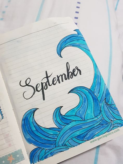 Blue waves Waves Journal Ideas, Waves Border Design, Water Waves Drawing, Cover Page For Project, Book Cover Page Design, File Decoration, Geography Project, Project Cover Page, Wave Drawing