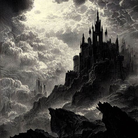 Dark Fanstay Art, Dark Fantasy Landscape Art, Dark Ages Aesthetic, Black And White Fantasy Art, Dark Fantasy Medieval, Gothic Castle Aesthetic, Dark Fantasy Castle, Dark Fantasy Landscape, Dark Fantasy Aesthetic