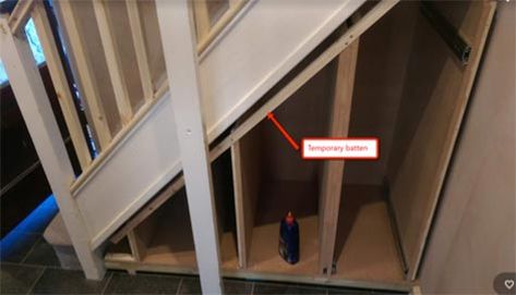 Temporary batten fixed in place to hold sides Under Stairs Storage Drawers, Under Stairs Cupboard Storage, Under Stairs Drawers, Under Stair, Shoe Storage Small Space, Diy Doctor, Stairs Storage, Basement Bar Designs, Staircase Storage