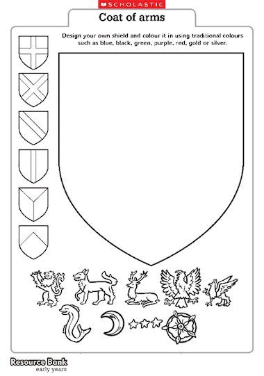 A shield template for children to create and colour their own design. Knight Shield Craft, Coat Of Arms Template, Shield Template, Family Crest Symbols, Early Years Teaching, Kingdom Vbs, Tapestry Of Grace, Medieval Crafts, Knight Shield