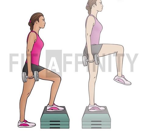 Dumbbell step ups with knee raise. Muscles worked: glutes, hamstrings, & quads. Stand facing a box or bench of an appropriate height with your feet together. This will be your starting position. Begin the movement by stepping up, putting your left foot on the top of the bench. Extend through the hip and knee of your front leg to stand up on the box. As you stand on the box with your left leg, flex your right knee and hip, bringing your knee as high as you can. Reverse this motion to step down of Personal Training Workouts, Step Ups, Leg Workouts, Training Workouts, Fat Burning Workout, The Resistance, Leg Workout, Weight Training, Personal Training