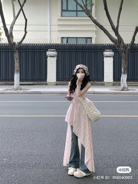 Upper Class Outfits, Dress With Jeans Underneath, Korean Ruffle Dress, Dress Over Jeans Aesthetic Korean, Korean Fashion Flare Jeans, White Dress Aesthetic Korean, Floral Skirt Korean Outfit, Dress Over Jeans, Elegant Outfit Classy