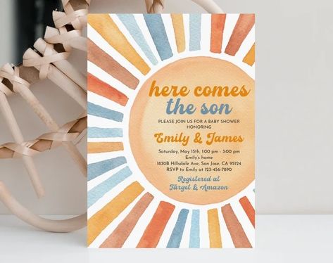 HoneydesignStore - Etsy Here Comes The Sun Birthday Party, Here Comes The Sun Baby Shower Theme, Here Comes The Son, Sun Birthday, Future Son, Retro Sun, Boy Baby Shower Themes, Party Bundles, Here Comes The Sun