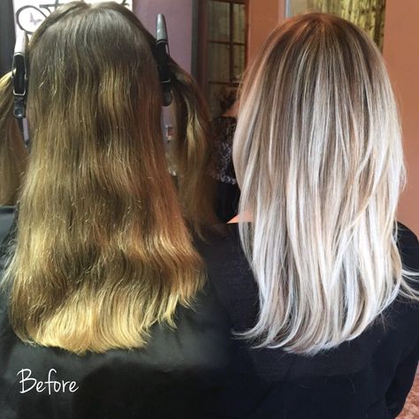 My amazing before and after color!  I'm so thrilled with how my hair turned out!  Balyage, blonde, beige blonde, silver blonde. Balyage Blonde, Blonde Beige, Blonde Silver, Beige Blond, Brassy Hair, Silver Blonde Hair, Ash Blonde Balayage, Hair Specialist, Hair Upstyles