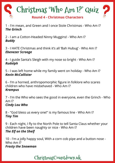 Christmas 'Who Am I' Quiz Questions & Answers 2023 Who Am I Quiz Questions, Christmas Quiz And Answers, Christmas Games Family, Christmas Quiz Questions, Christmas Party Activities, Christmas Quiz, Xmas Games, Hate Christmas, Cotton Headed Ninny Muggins