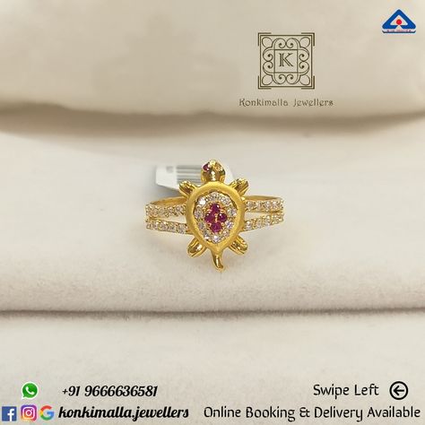 #KJ_G586 Net Weight: up to 3 grams Item : Tortoise Ring (తాబేలు ఉంగరం) Fb, Insta, Pinterest: @konkimalla.jewellers Tortoise Gold Ring Design For Women, 3grams Gold Rings For Women, Tortoise Ring For Women, Tortoise Ring, Ladies Rings, Gold Jewelry Stores, Gold Ring Designs, Gold Fashion Necklace, Gold Jewellery Design