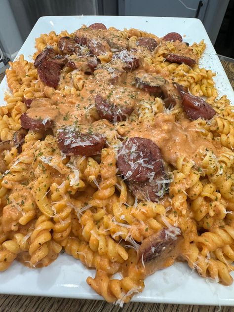 Creamy Smoked Sausage Pasta Pasta Recipes With Kielbasa, Creamy Smoked Sausage Pasta Recipes, Meals With Eckrich Sausage, Simple Smoked Sausage Recipes, Meals Under 15 Dollars, Recipes For Dinner With Sausage, Andouille Sausage Skillet, Recipes With Conecuh, Eckrich Sausage Recipes Pasta