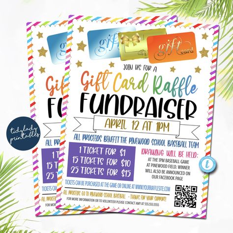 "Gift Card Raffle FUNDRAISER FLYER TEMPLATE  *ALL TEXT IS EDITABLE SO YOU CAN CREATE THIS TO SAY WHATEVER YOU WISH - TO CUSTOMIZE FOR YOUR SCHOOL OR ORGANIZATION!  Looking for a unique fundraiser event idea?! This printable gift card raffle fundraiser flyer template is great for your event! An awesome tool for your school PTO PTA Organization, business, church, nonprofit or other organization to raise money for your cause!  Full Editing Options With Templett.com TRY BEFORE YOU BUY! Copy and past Talent Show Fundraiser, Winter Fundraiser Ideas School, Gift Card Raffle Display, Gift Card Fundraiser, Unique Fundraising Ideas, Raffle Fundraiser, Pta Organization, Cheer Fundraiser, Raffle Flyer