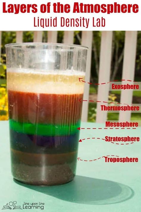 We learned about the layers of atmosphere by layering liquids in a clear glass. It was a fun intro to liquid density as well! Earth Science Experiments, Layers Of The Atmosphere, Layers Of Atmosphere, Earth Science Projects, Earth Science Activities, Earth Science Lessons, Earth Layers, Homeschool Field Trips, 6th Grade Science