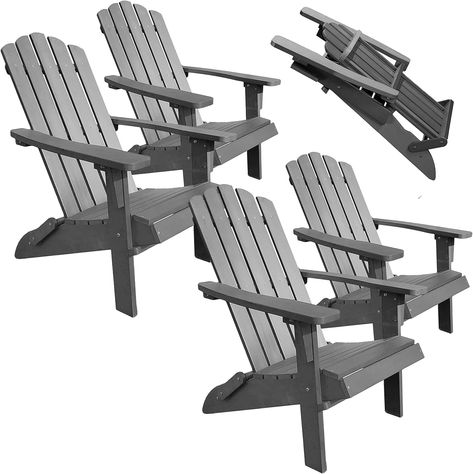 PolyTEAK Folding Adirondack Chair Set of 4, Premium Weather Resistant Poly Lumber, Outdoor Patio Furniture, Up to 300 lb Plastic Adirondack Chairs for Patio Garden Fire Pit, Classic Collection - Grey Fire Pit Seating With Wood Storage, Black Adirondack Chairs, Folding Adirondack Chair, Folding Adirondack Chairs, Fire Pit Seating, Plastic Adirondack Chairs, Work Space Decor, Garden Fire Pit, Hammock Chair