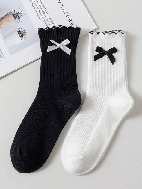 2 Pairs Women's Black & White Contrast Bow Trim Ribbed Crew Socks, Comfy, Breathable, Stylish, Versatile Knee-High Socks For Daily Wear Multicolor    Fabric Plain    Women Socks & Hosiery, size features are:Bust: ,Length: ,Sleeve Length: Loafers With Socks, Socks Party, Image Swag, Women Crew Socks, Night Dress For Women, Comfortable Socks, Women Socks, Black Socks, Cute Socks