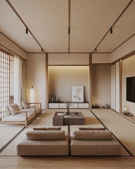 Minimalist Zen: A Modern Japanese Living Room Find your inner peace in this serene, minimalist living room. Clean lines, natural wood accents, and a neutral color palette create a calming atmosphere. Perfect for relaxation and unwinding. . . . . . #JapaneseDesign #InteriorDesign #woodwork #LivingRoom #HomeDecor #Modern #woodcraft Modern Japanese Style Interior, Japanese Minimalist Living Room, Modern Japanese Living Room, Japanese Style Interior, Natural Wood Accents, Japanese Living, Japanese Living Room, Modern Japanese Style, Japanese Minimalist