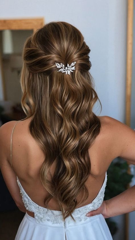 Simple Hair For Formal Event, Prom Hairdos Half Up Half Down, Half Up Half Down Wedding Hair Medium Length Bridesmaid, Bridesmaid Hairstyles Half Up, Simple Bridesmaid Hair Half Up, Bridal Hair Half Up Brunette, Half Up Half Down Formal Hairstyles, Half Up Half Down Wedding Hair Brunette, Bridal Hair Half Up Medium Length