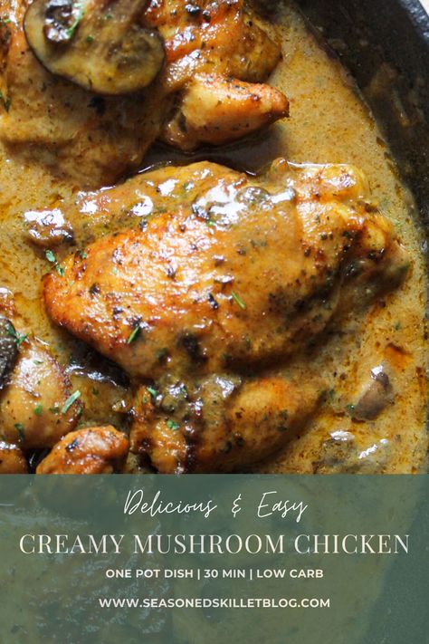 This one skillet chicken dinner is tender, flavourful and absolutely delicious! We're talking pan-fried chicken smothered in a creamy mushroom sauce and ready in under 30min! Skillet Chicken With Mushroom Gravy, Chicken Thighs With Mushroom Gravy, Baked Chicken Wings Cream Of Mushroom, Skillet Chicken With Mushroom Wine Sauce, One Skillet Chicken Dinner, Cream Of Mushroom Sauce, Skillet Chicken Dinner, One Skillet Chicken, Skillet Chicken Thighs