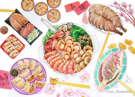 Instagram：yuu_illustration Chinese New Year Food. Chinese New Year Food Illustration, Chinese Lunar New Year Food, Lunar New Year Food, New Year Food, Draw Food, Chinese New Year Food, New Year's Food, Food Illustration, Food Drawing