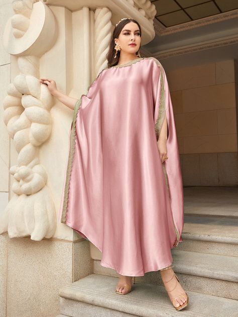 Baby Pink Glamorous  Three Quarter Length Sleeve Satin Colorblock Kaftan Embellished Non-Stretch All Plus Size Dresses Kaftan Dress Design, Kaftan Ideas, Poncho Design, Poncho Dress, Kaftan Designs, Kimono Design, Pakistani Fancy Dresses, Muslim Fashion Dress, Summer Plus Size