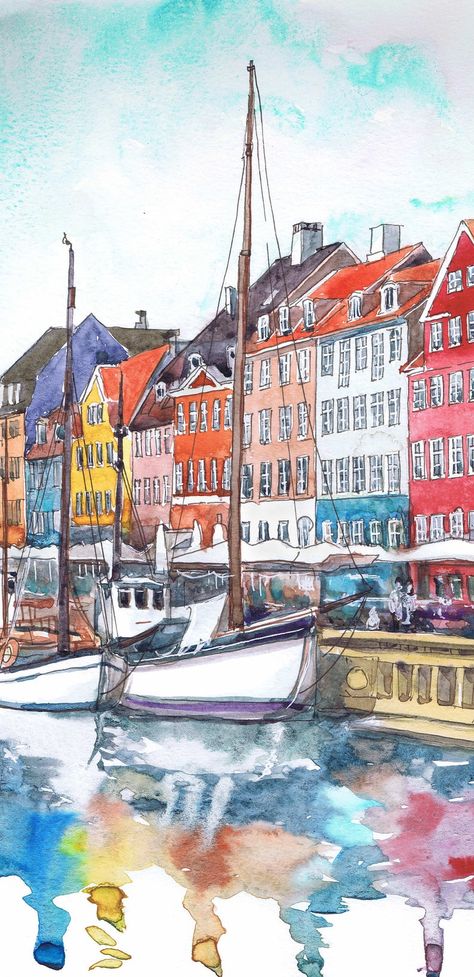 Copenhagen Print Denmark Wall art Europe skyline | Etsy Copenhagen Watercolor, Copenhagen Wallpaper, Skyline Watercolor Painting, Europe Watercolor, Denmark Landscape, Copenhagen Poster, Copenhagen Aesthetic, Copenhagen Art, M Sign