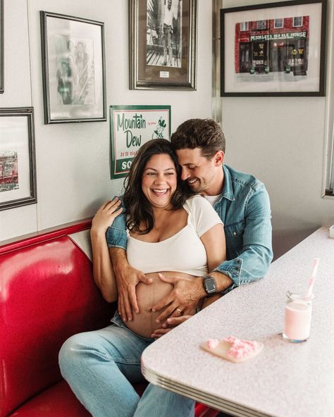 It’s officially baby month for these two cuties & I’m so excited for them. Baby Charlie is a lucky little one & I can’t wait to meet her 💗💗. #orlandophotographer #centralfloridaphotographer #retromaternitydinershoot #maternityshoot #starlitediner #daytona #archipelagopresets #truetocolorphotographer Ice Cream Maternity Photoshoot, Diner Maternity Shoot, Diner Movie, Vintage Maternity, Two Cuties, Couple Pregnancy Photoshoot, Pregnancy Announcement Photos, Maternity Poses, Twin Boys