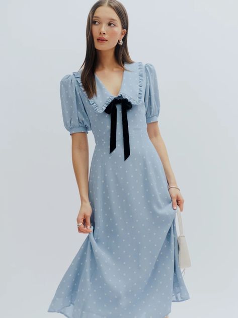 Buchanan Dress - Short Sleeve | Reformation Regency Dresses, Elegant Preppy, Exaggerated Collar, Regency Dress, Fall Semester, Essential Dress, Reformation Dress, Silky Dress, Bow Dress