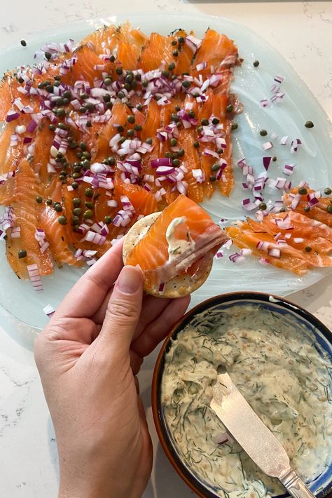 Salmon Gravlax Recipe, Pan Fried Fish Recipes, Gravlax Recipe, Lox Recipe, Grace Atwood, Popular Appetizers, Make Ahead Appetizers, Goat Cheese Recipes, Salmon Dinner