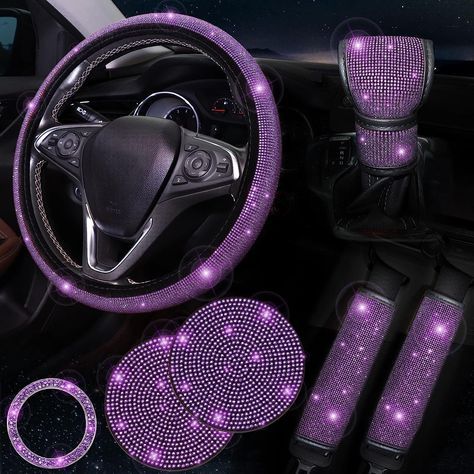 Pink Steering Wheel Cover, Gear Shift Cover, Purple Cups, Bling Car, Bling Car Accessories, Seat Belt Pads, Car Deco, Purple Car, Bling Ring