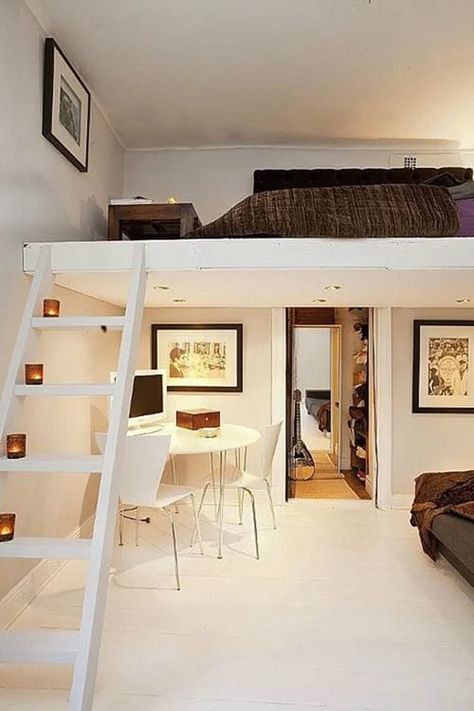 Romantically White Small Loft Bedroom, Small Bedroom Bed, Adult Loft Bed, Cool Loft Beds, Loft Beds For Small Rooms, Small Room Diy, Apartemen Studio, A Loft Bed, Cozy Small Bedrooms