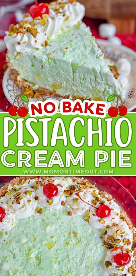 This easy Pistachio Pie recipe is a going to be hit with friends and family! Extra creamy and completely irresistible, this no bake pistachio pie recipe takes just minutes to prepare and is perfect for family gatherings, potlucks and picnics!// Mom On Timeout Gifting Bread, Pistachio Pineapple Cake, Pistachio Pie, Pistachio Dessert, Baking Recipes Pie, Pistachio Recipes, Mom On Timeout, Happy Eating, Summertime Recipes