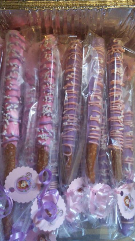 Sofia the First pretzel rods                                                                                                                                                                                 More Sofia The First 1st Birthday Party, Sophia Birthday Theme, Sofia The First Birthday Party Ideas, Party Food Princess, Sophia The First Birthday Party Ideas, Princess Sofia Birthday Party Ideas, Ideas For Birthday Party, Princess Sofia Birthday, Princess Sofia Party