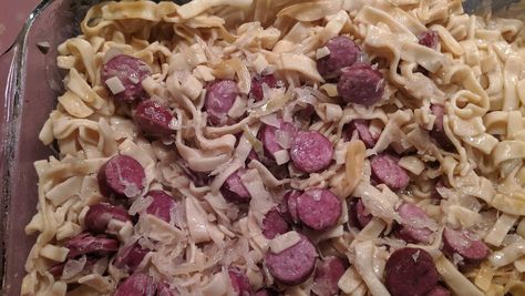 Polish Chop Suey Recipe | Allrecipes Polish Chop Suey Recipe, Sauerkraut And Noodles, Comfort Food Casserole, Chop Suey Recipe, Meatball Casserole, Polish Sausage, Kielbasa Sausage, Cream Of Mushroom Soup, Chop Suey