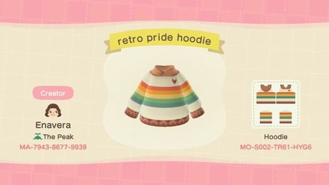 Acnh Outfits, Pride Hoodie, Acnh Clothes, Animal Crossing Memes, Animal Crossing Guide, Acnh Design, Acnh Designs, Animal Crossing Qr Codes Clothes, Acnh Codes